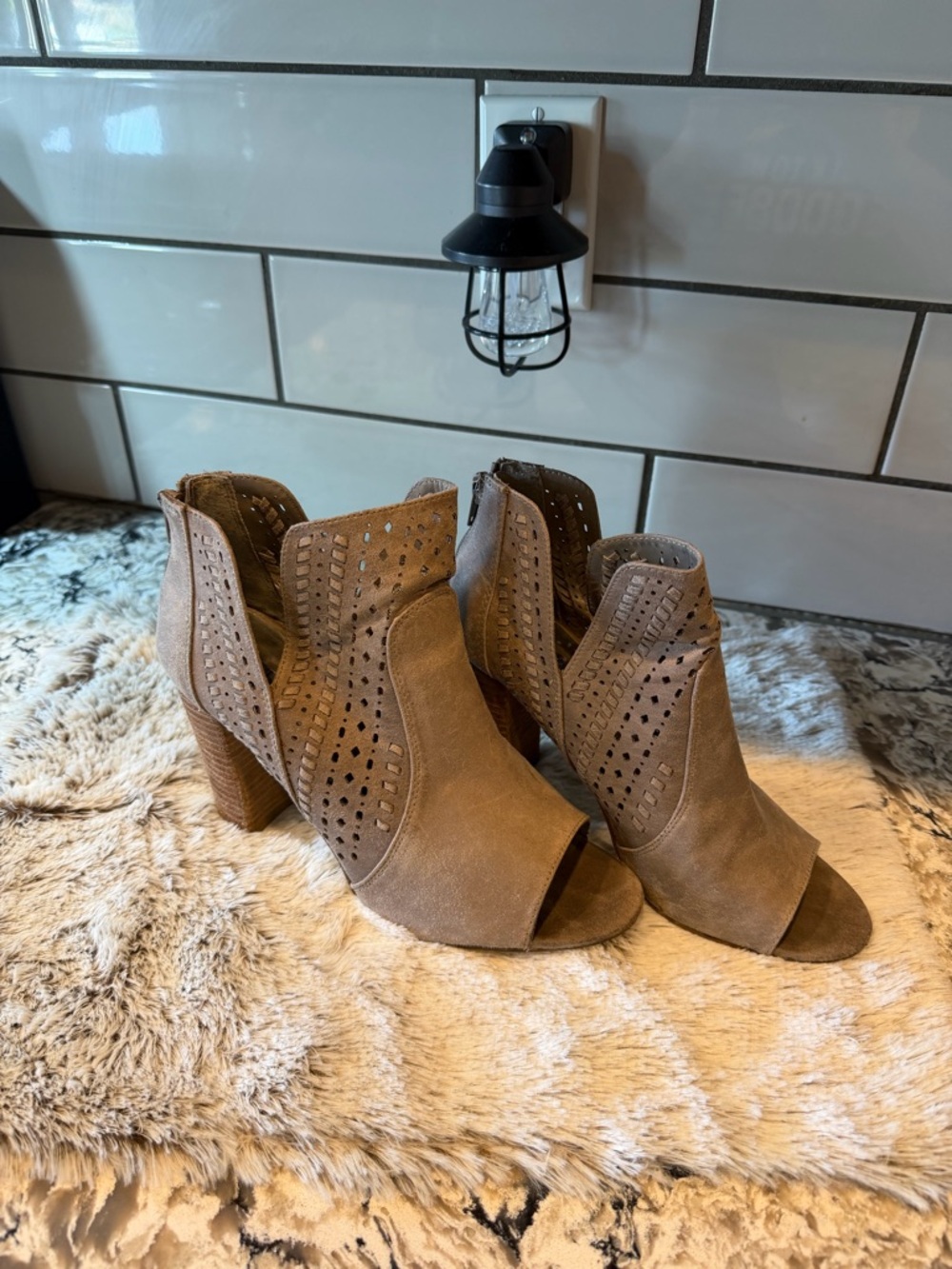 Carlos Santana Taupe Suede Peep-Toe Cutout Booties